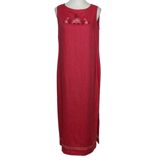 JM Collection Red Embroider Linen Long Sleeveless Maxi Dress Sz M - Picture 1 of 8